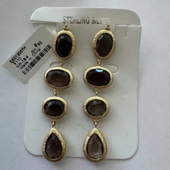 Smoky Quartz Drop Long Earrings | Gold over Sterling Silver | NWT - Picture 1 of 10